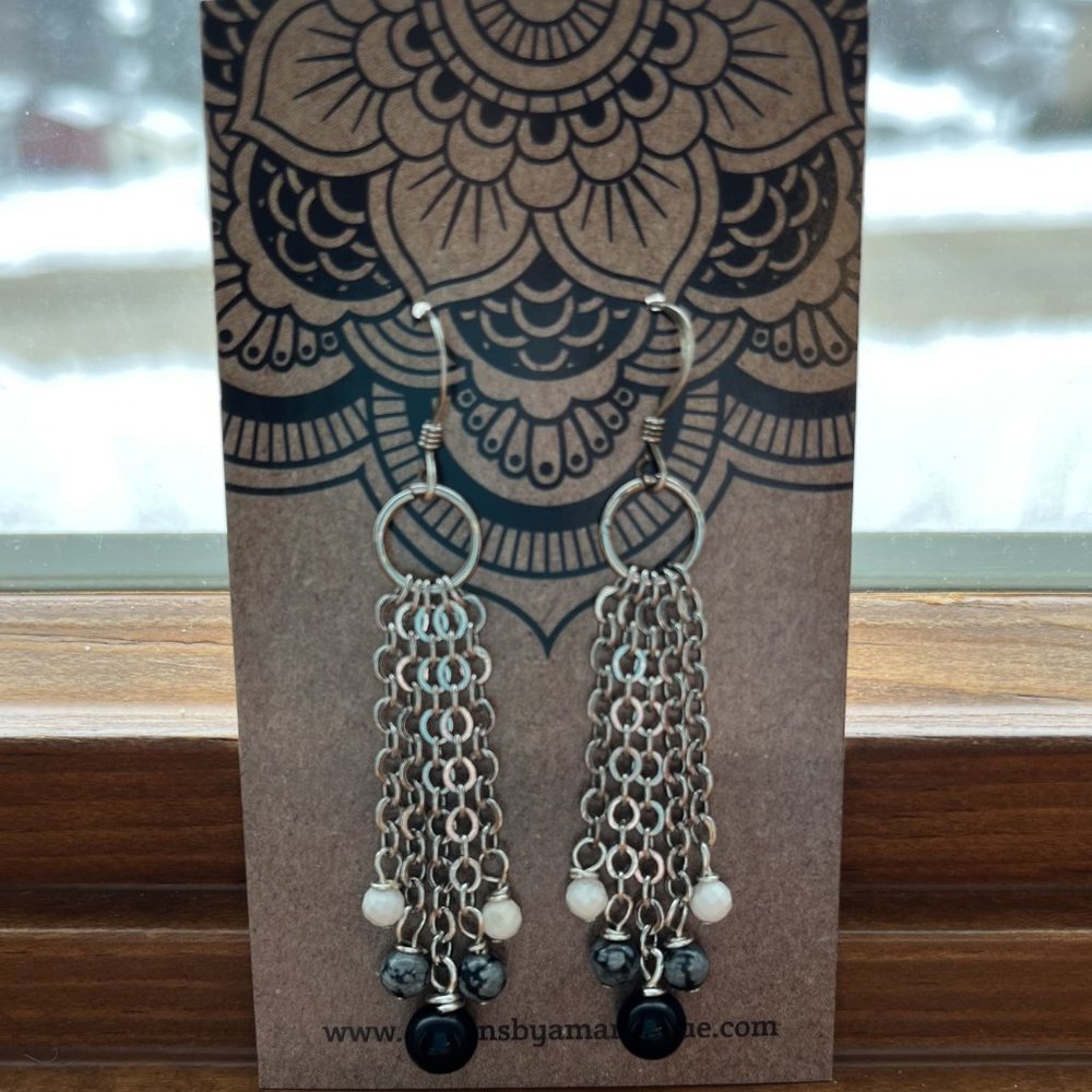 Obsidian and Howlite with Silver Chain Genuine Gemstone Earrings, Handmade - Picture 4 of 5